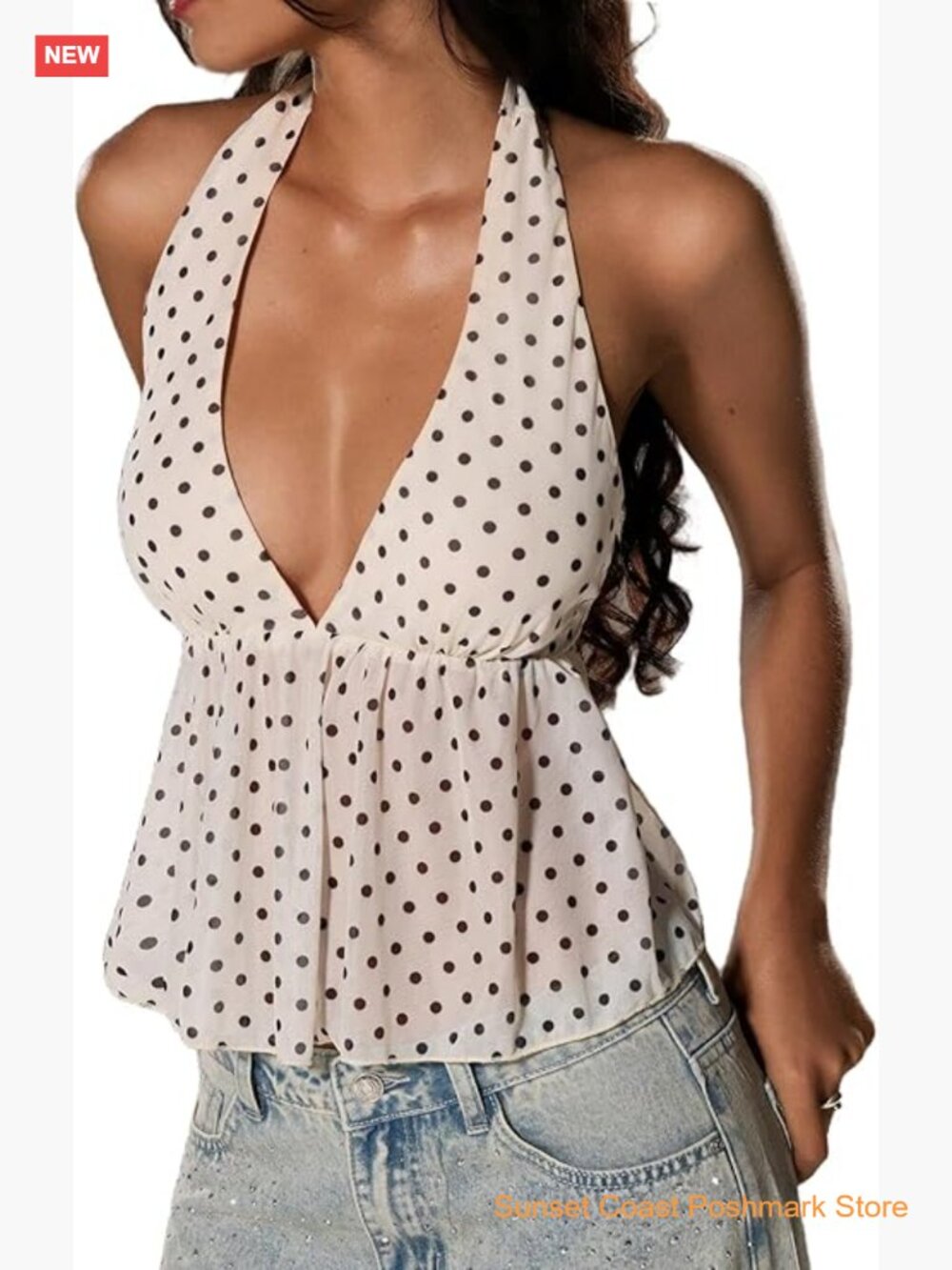 Women's Y2K Polka Dots Tie Backless Halter Top Ruffle Hem Crop Tank